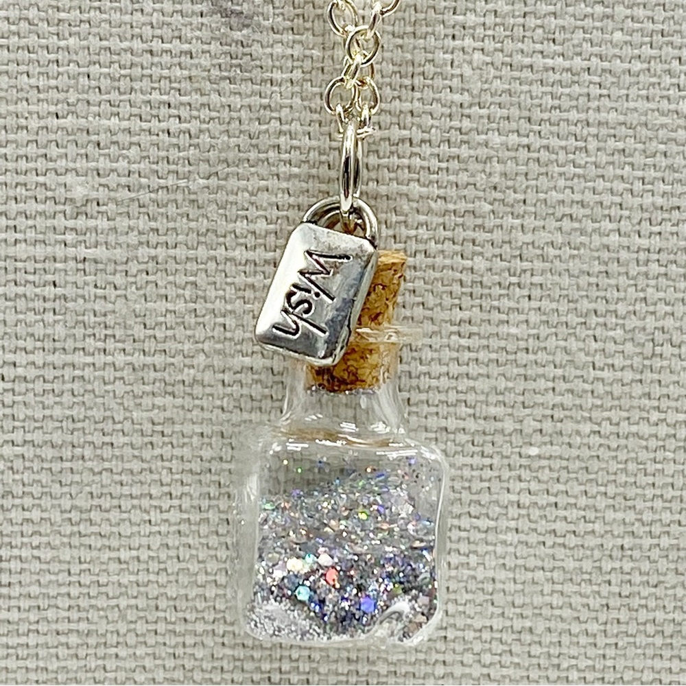 Wish Charm Silver Glitter in a Bottle Long Necklace Handmade OOAK